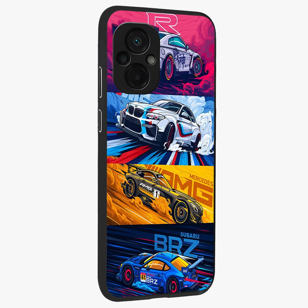 JDM Sports Car Glass Case upright view showcasing dynamic sports car artwork with bold racing theme.