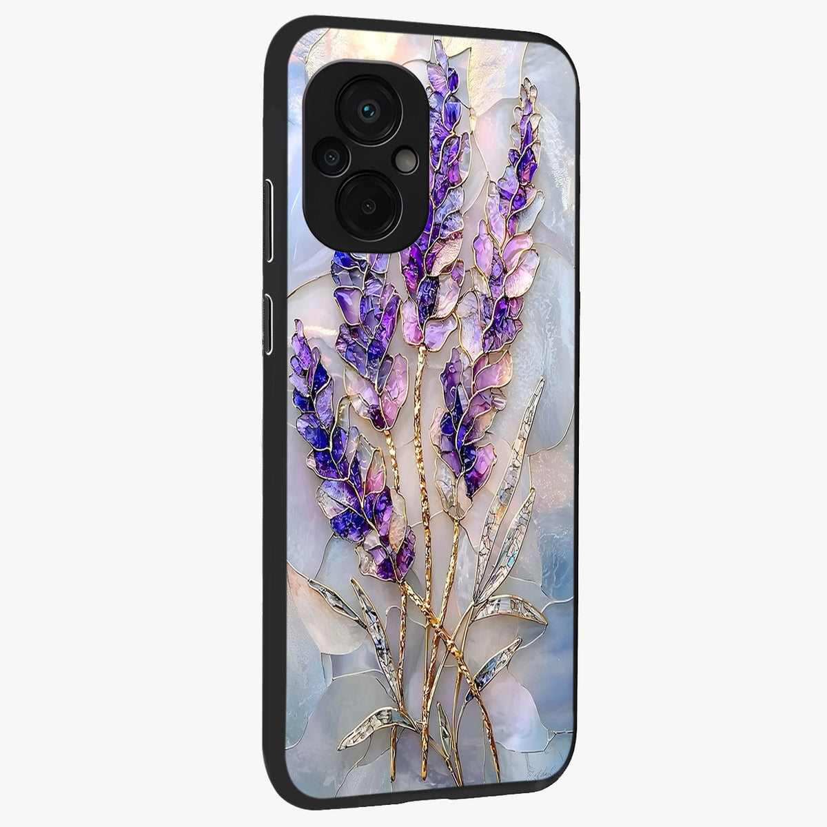 Lavender Dream Glow Glass Case upright view showcasing radiant lavender glow artwork with calming dreamy theme.
