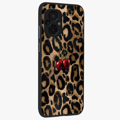 Leopard Wild Cherry Glass Case upright view showcasing stylish leopard pattern artwork with trendy fashion theme.