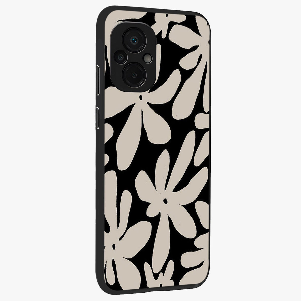 Monochrome Petal Dance Glass Case upright view showcasing artistic floral pattern with stylish monochrome theme.