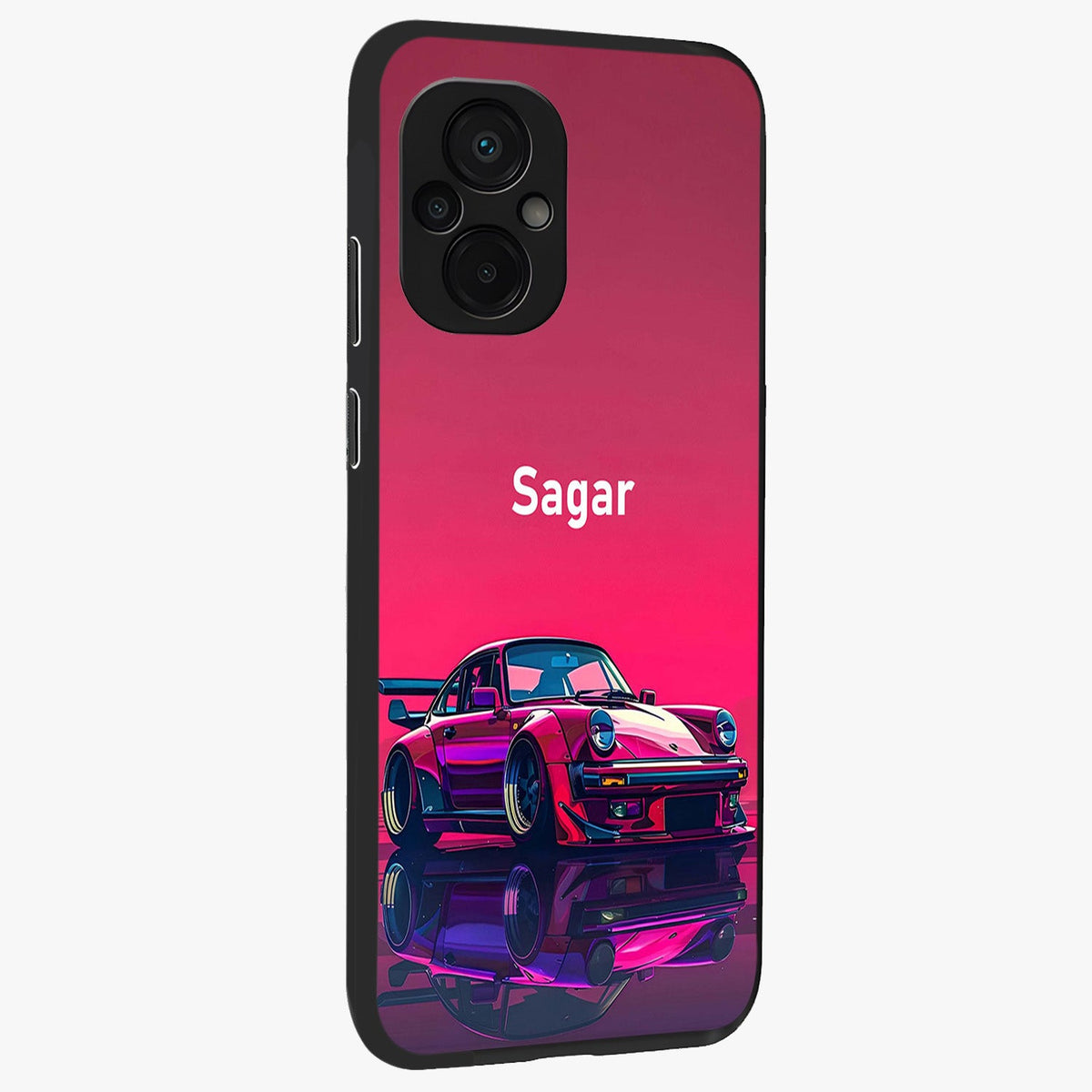 Neon Pink Porsche Glass Case upright view showcasing vibrant sports car artwork with bold automotive theme.