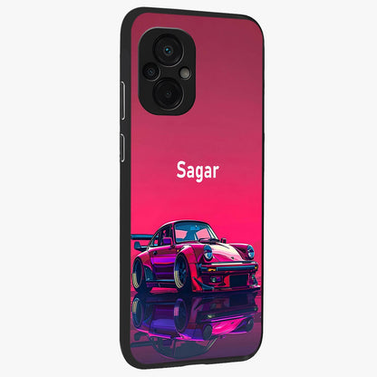Neon Pink Porsche Glass Case upright view showcasing vibrant sports car artwork with bold automotive theme.