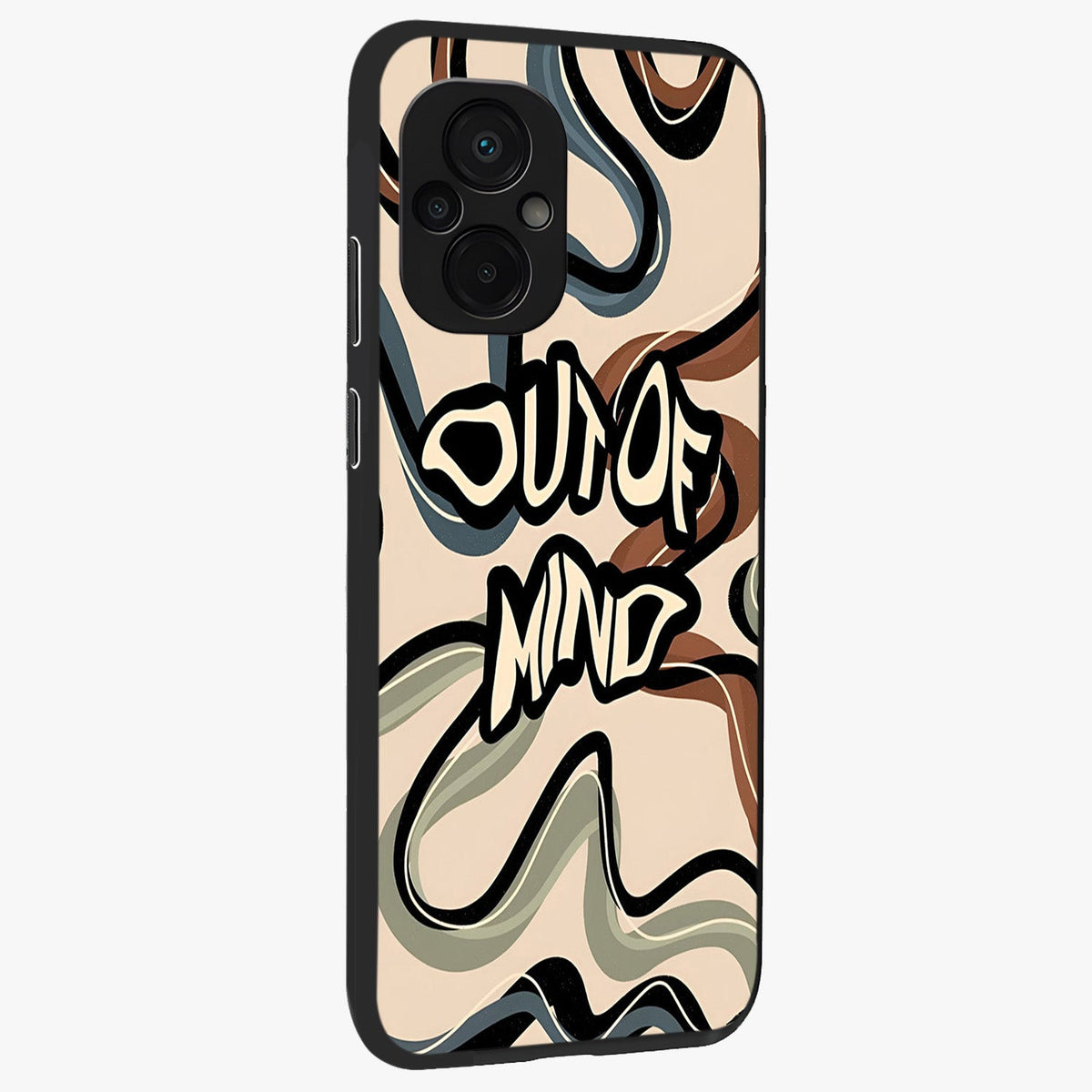 Out Of Mind Glass Case upright view showcasing striking typography artwork with edgy conceptual theme.
