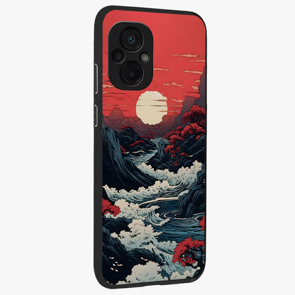 Red Sunset Scenery Glass Case upright view showcasing dramatic sunset scenery artwork with warm nature theme.