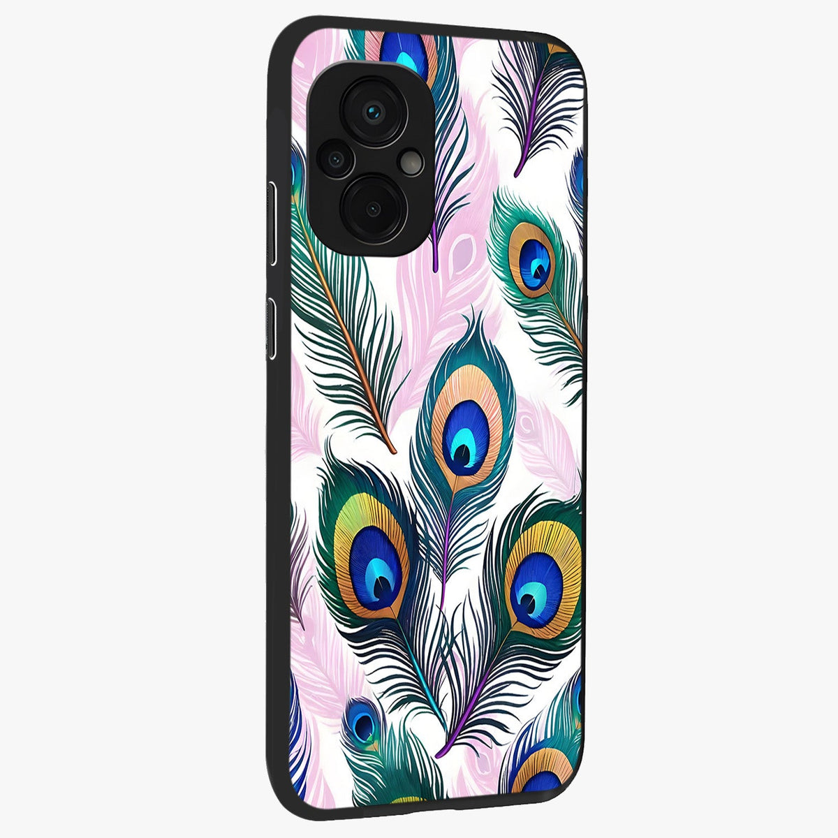 Royal Peacock Feathers Glass Case upright view showcasing elegant peacock feather artwork with decorative royal theme.