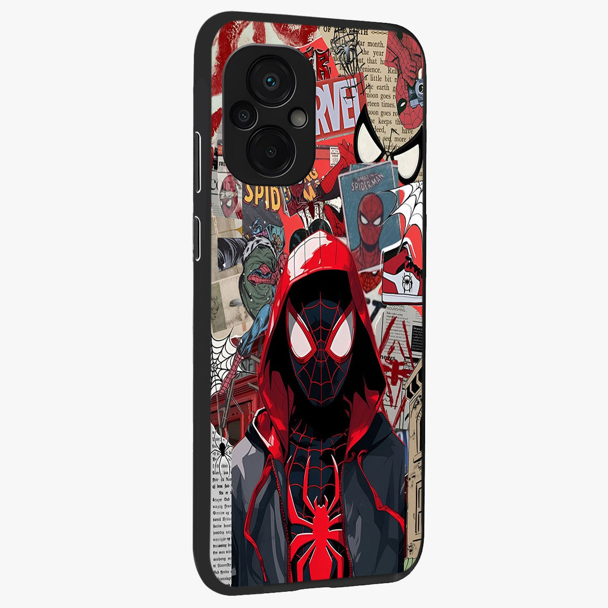 Spider Collage Street Glass Case upright view showcasing bold superhero artwork with urban street theme.