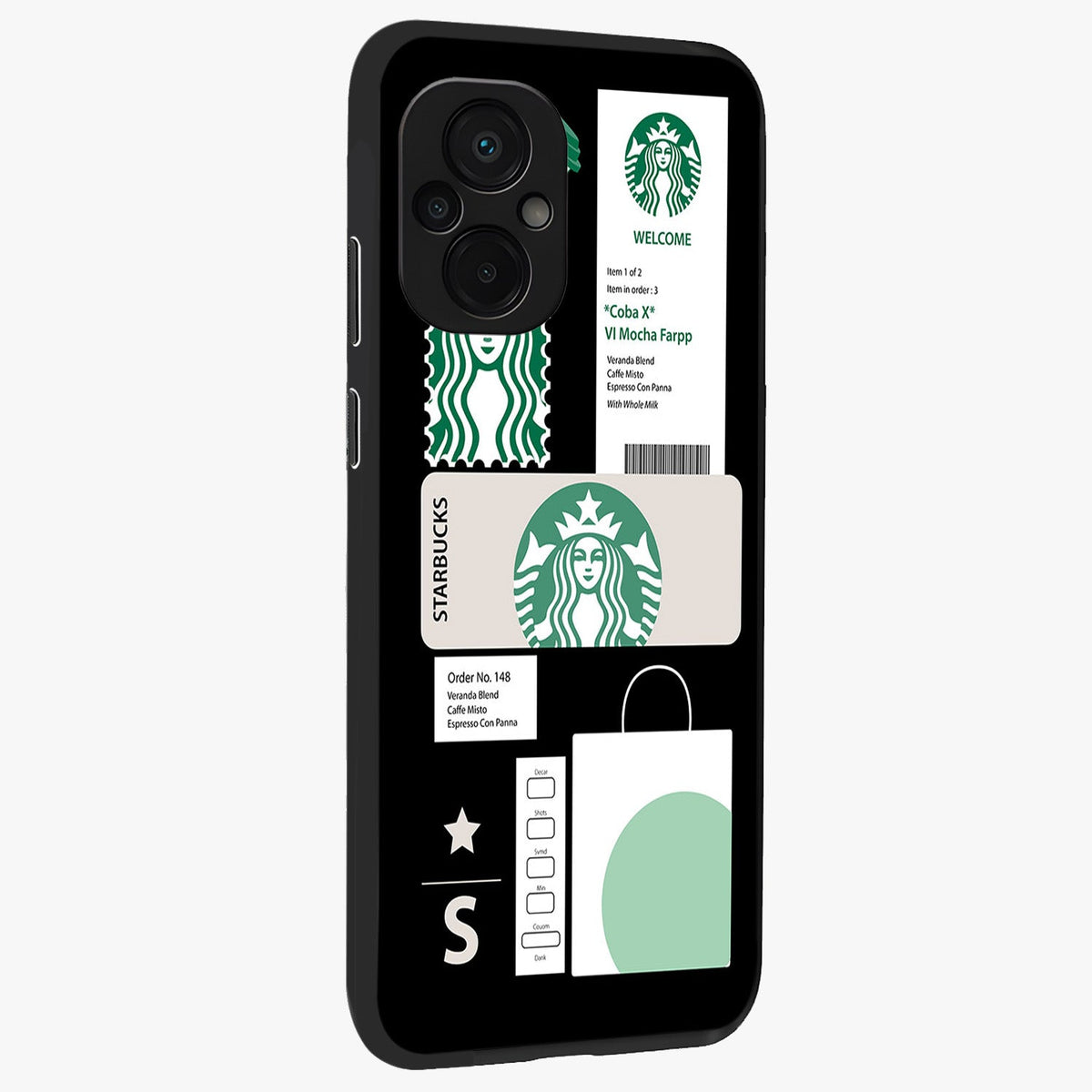 Starbucks Mocha Glass Case upright view showcasing trendy coffee inspired artwork with modern lifestyle theme.