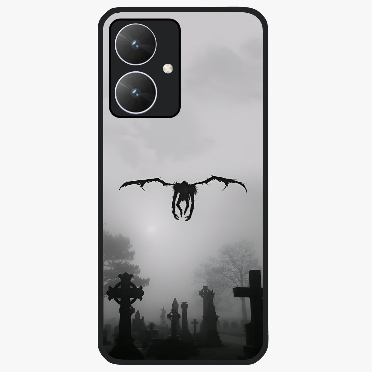 Graveyard Shadow Descent Glass Case showing flat back view with dark graveyard themed artwork and glossy glass finish.
