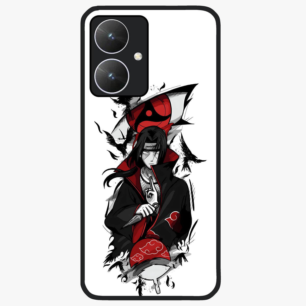 Itachi Sharingan Glass Case showing flat back view with powerful anime eye artwork and glossy glass finish.