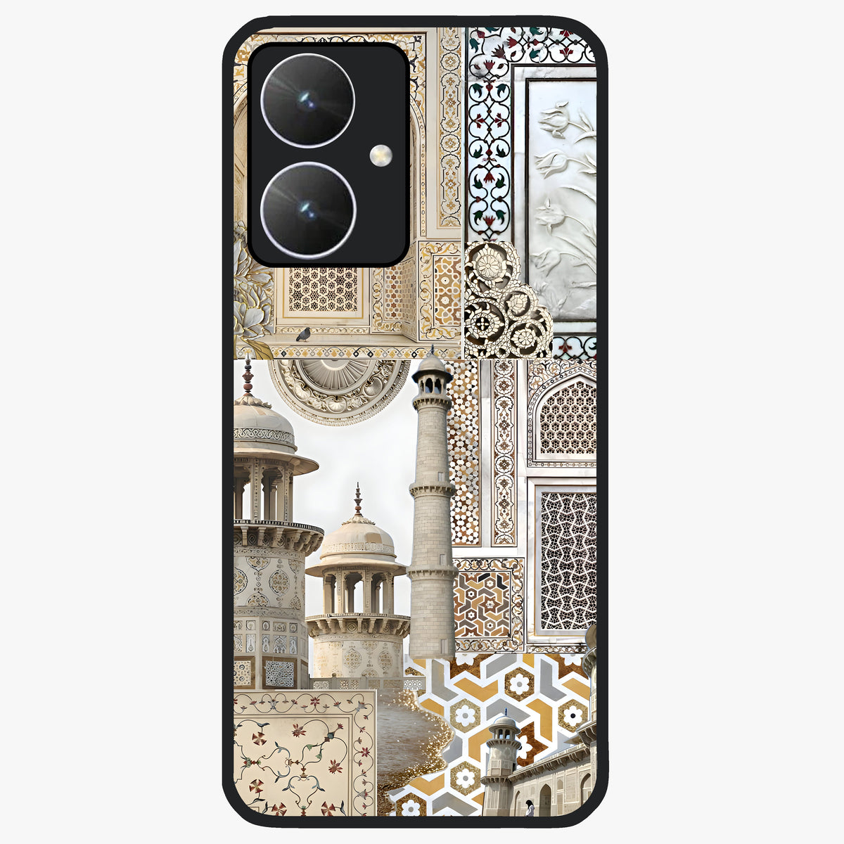Mughal Marble Legacy Glass Case showing flat back view with intricate Mughal inspired marble pattern and glossy glass finish.