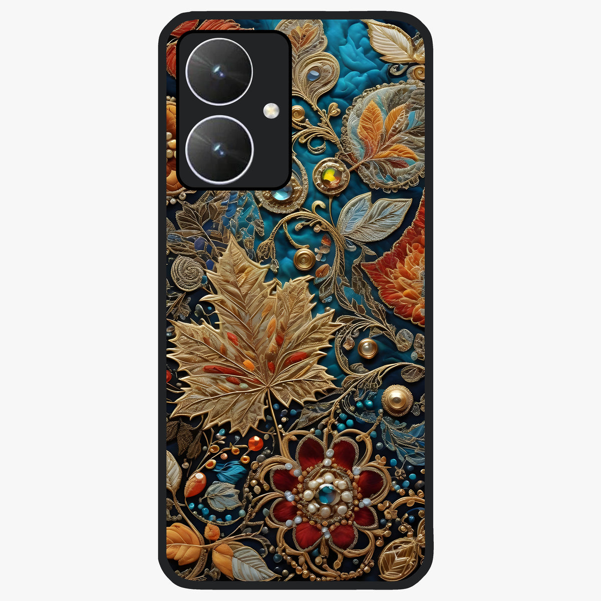 Royal Jewel Garden Glass Case showing flat back view with decorative floral garden artwork and glossy glass finish.