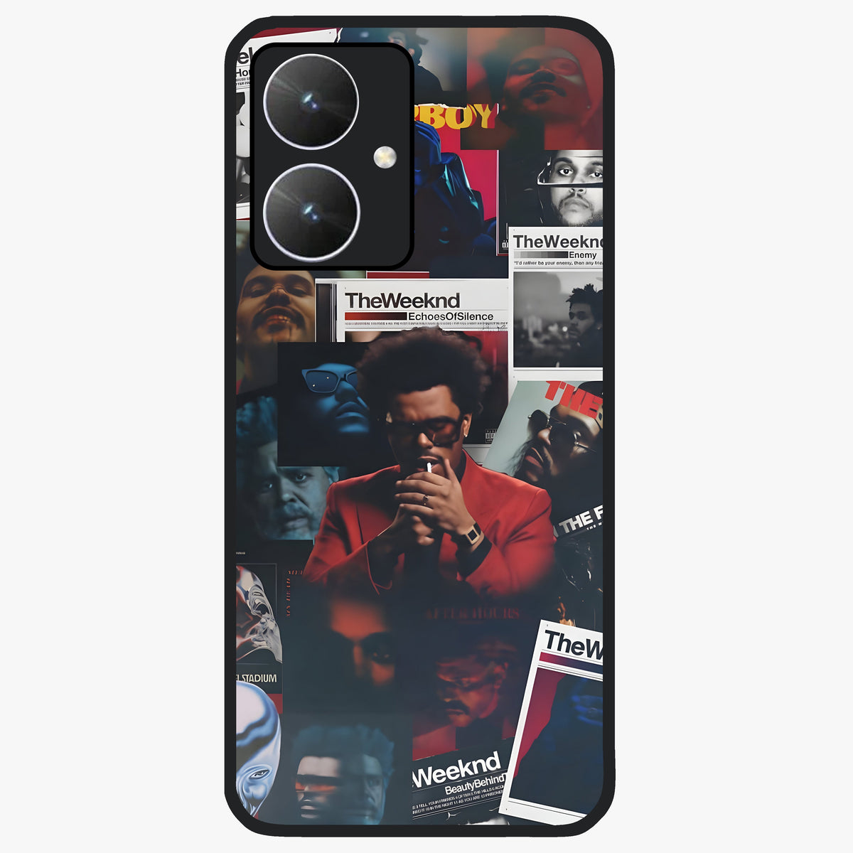 The Weeknd Glass Case showing flat back view with music inspired artistic portrait artwork and glossy glass finish.