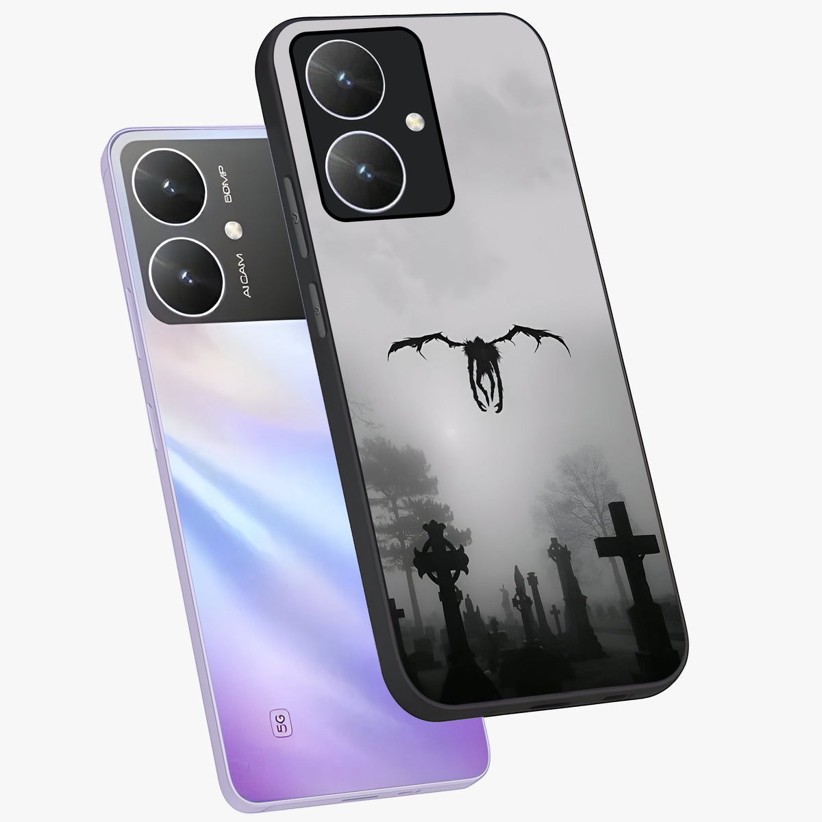 Graveyard Shadow Descent Glass Case displayed in angled mockup highlighting eerie shadow illustration with gothic aesthetic.