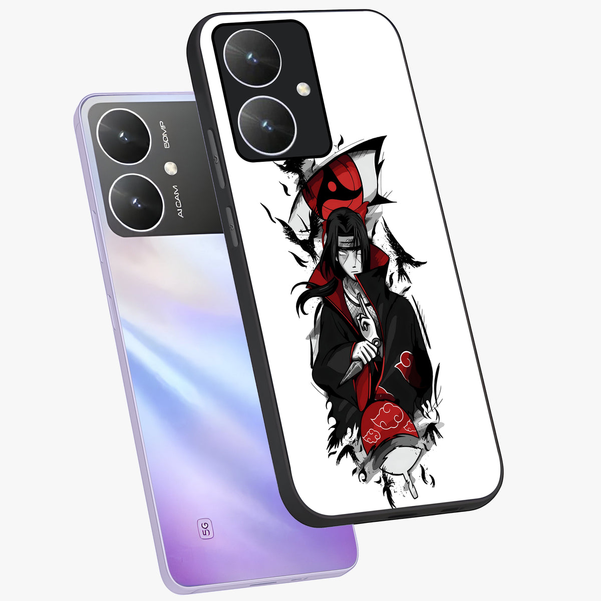 Itachi Limited Edition Naruto Anime Glass Case displayed in angled mockup highlighting dramatic anime illustration with bold action aesthetic.