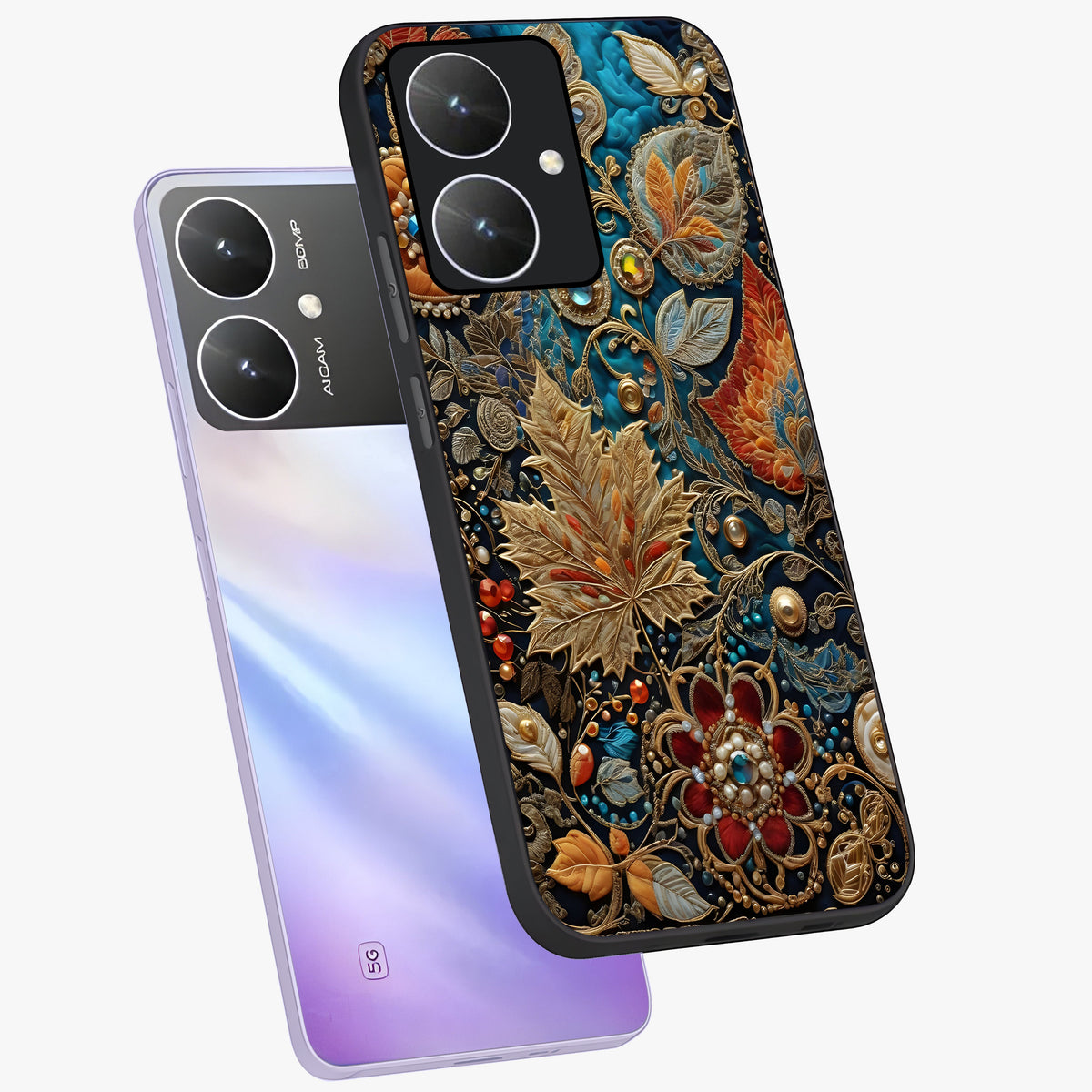 Royal Jewel Garden Glass Case displayed in angled mockup highlighting vibrant jewel inspired floral design with elegant aesthetic.