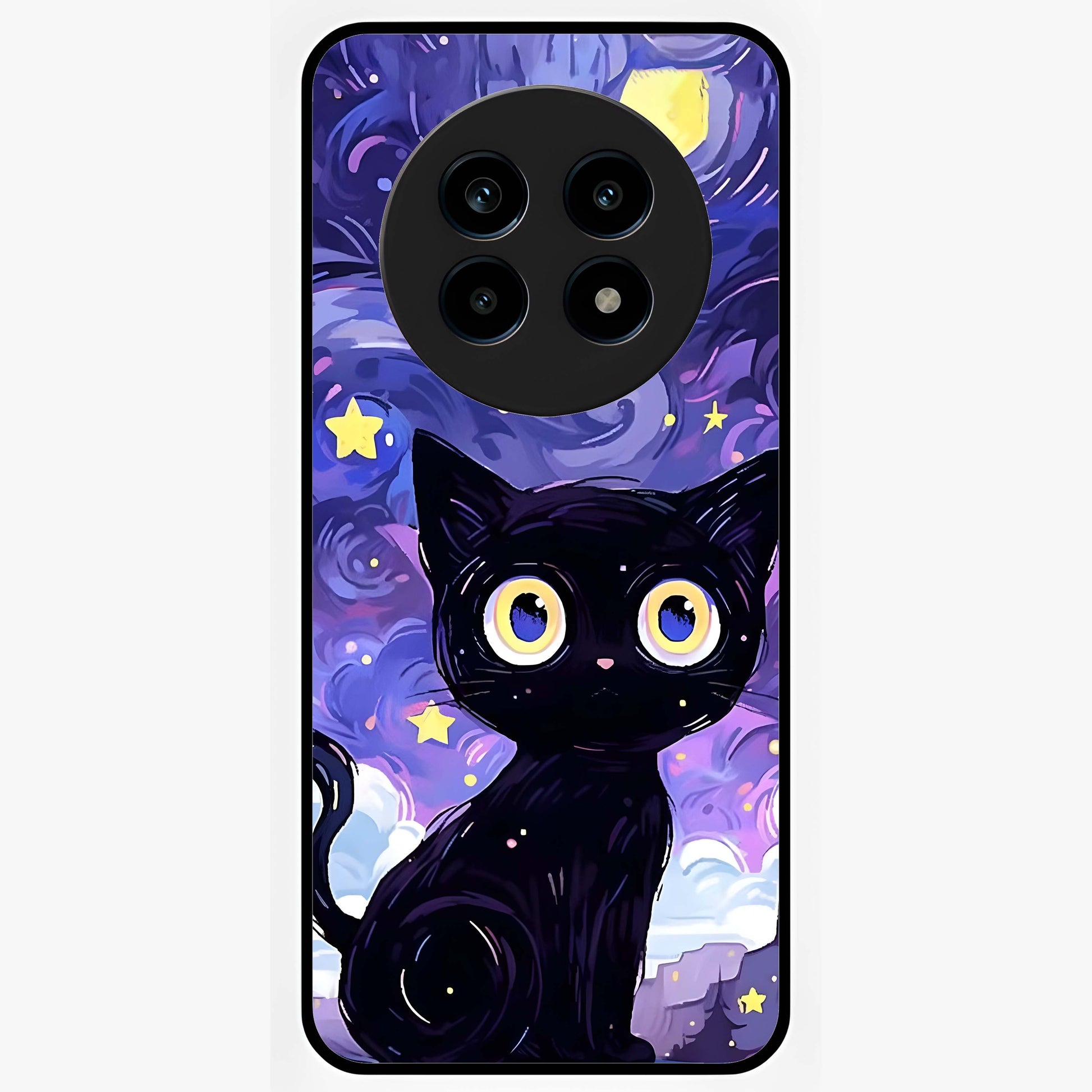 Abstract Cat Art Glass Case showing flat back view with artistic cat illustration and glossy glass finish.