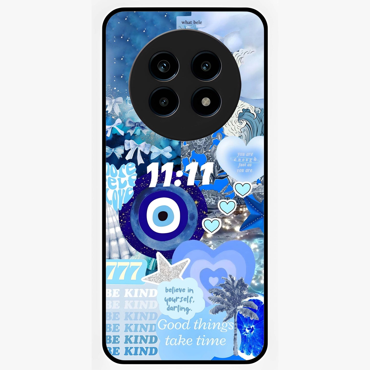 Aesthetic Be Kind Eye Glass Case showing flat back view with motivational eye artwork and glossy glass finish.
