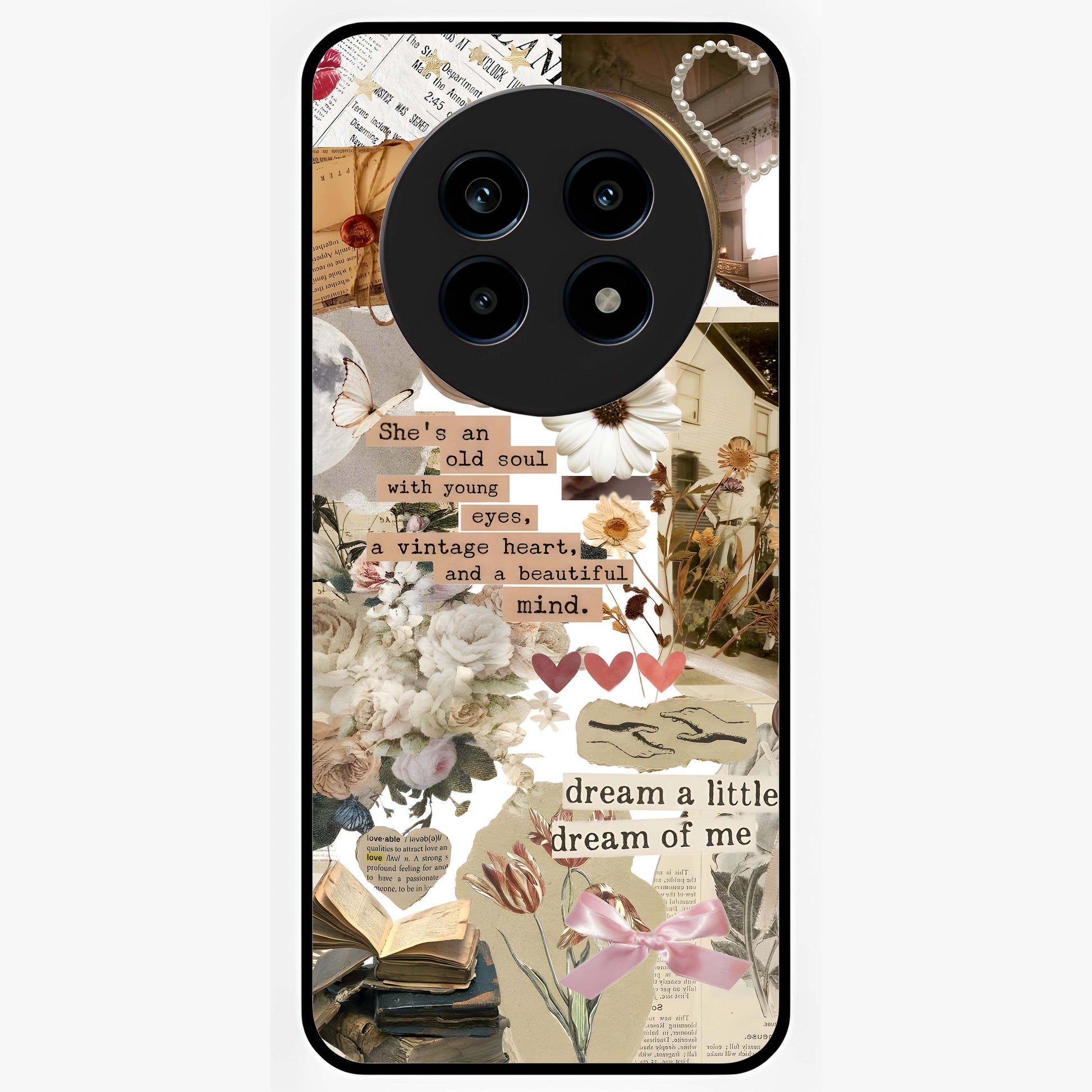 Aesthetic Brown Vintage Collage Glass Case showing flat back view with retro collage artwork and glossy glass finish.