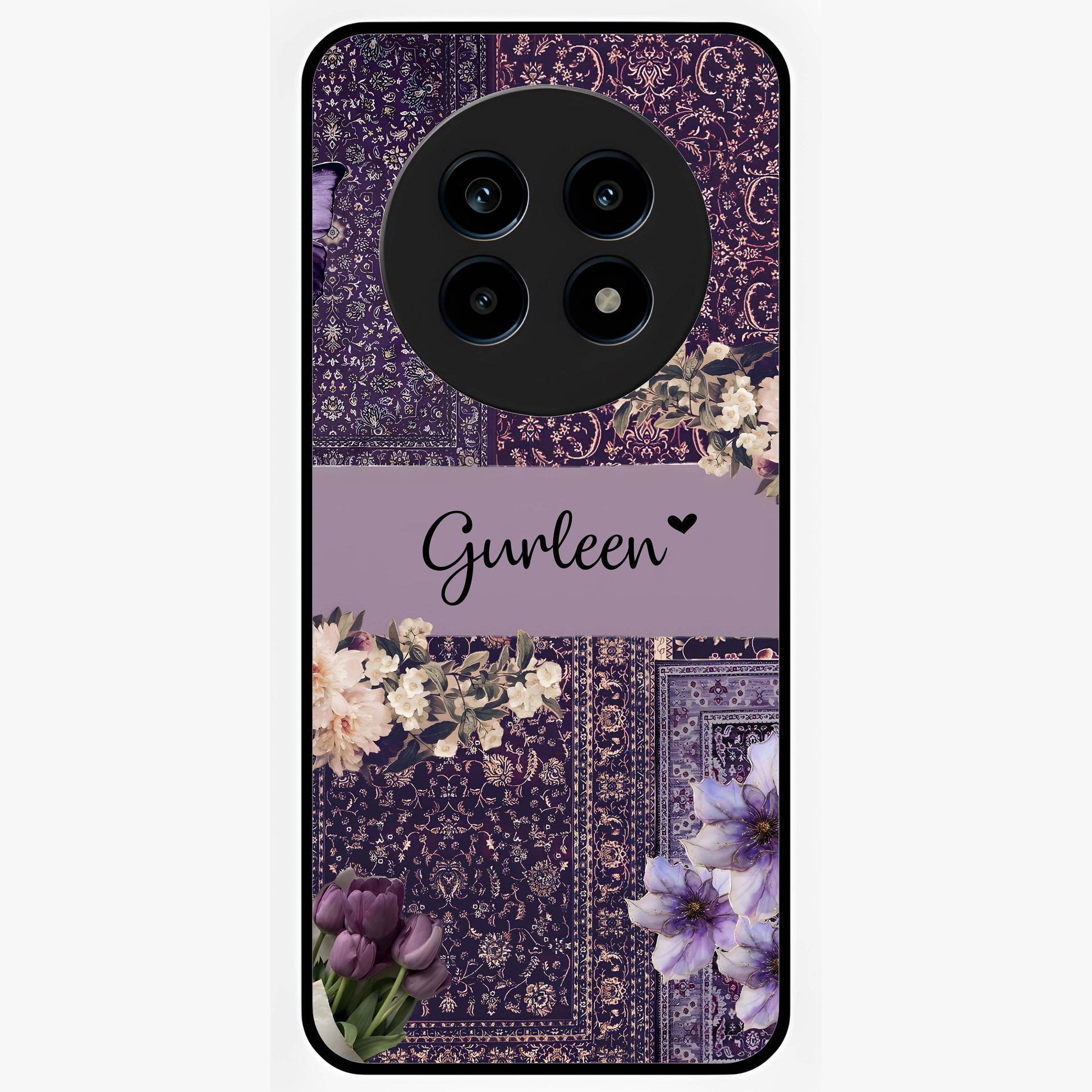 Antique Floral Whisper Custom Name Glass Case showing flat back view with vintage floral artwork and personalized name design.