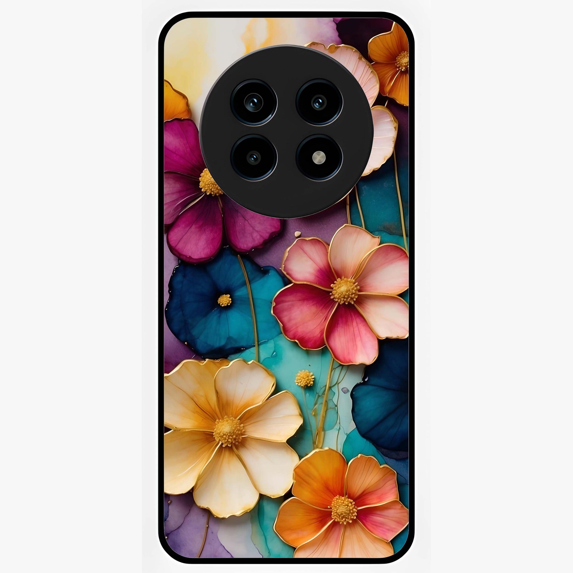 Artlyn Grace Flower Pattern Glass Case showing flat back view with elegant floral pattern artwork and glossy glass finish.