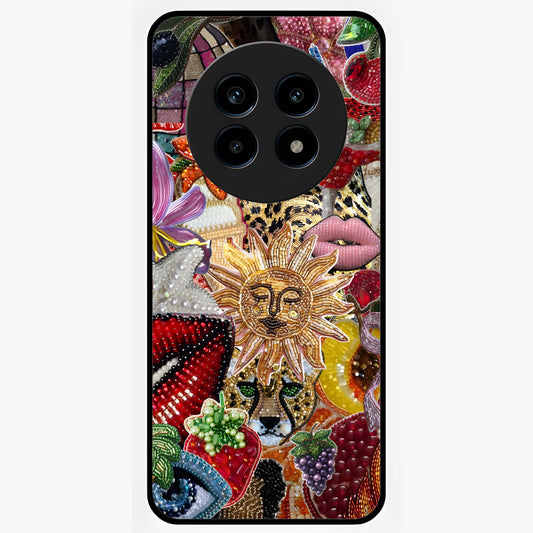 Beaded Fashion Jungle Glass Case showing flat back view with vibrant jungle inspired bead artwork and glossy glass finish.
