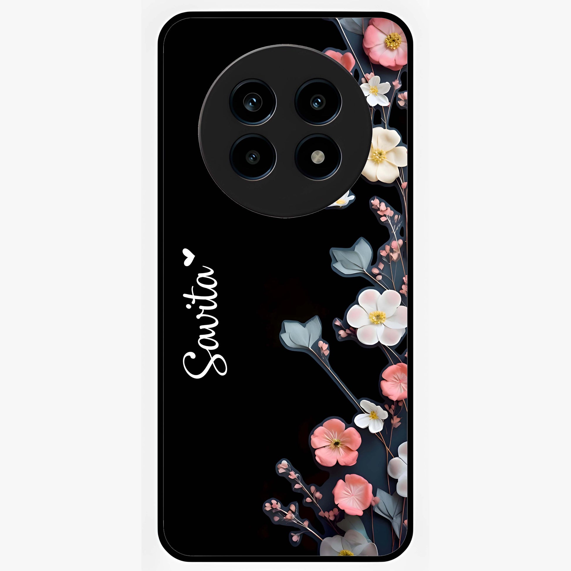 Black Elegance Floral Custom Name Glass Case showing flat back view with elegant floral artwork and personalized name design.