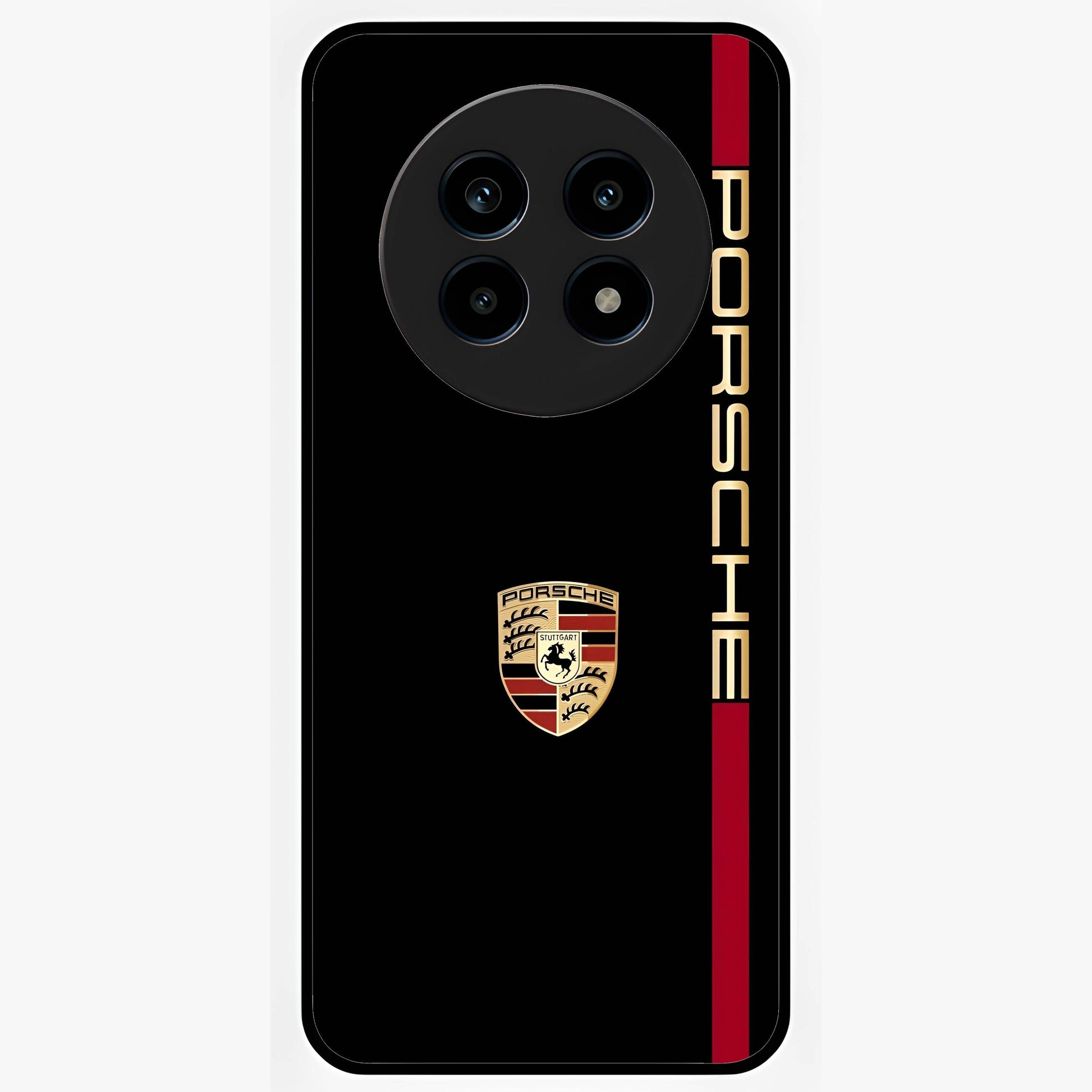 Black Minimal Porsche Glass Case showing flat back view with sleek minimal sports car artwork and glossy glass finish.