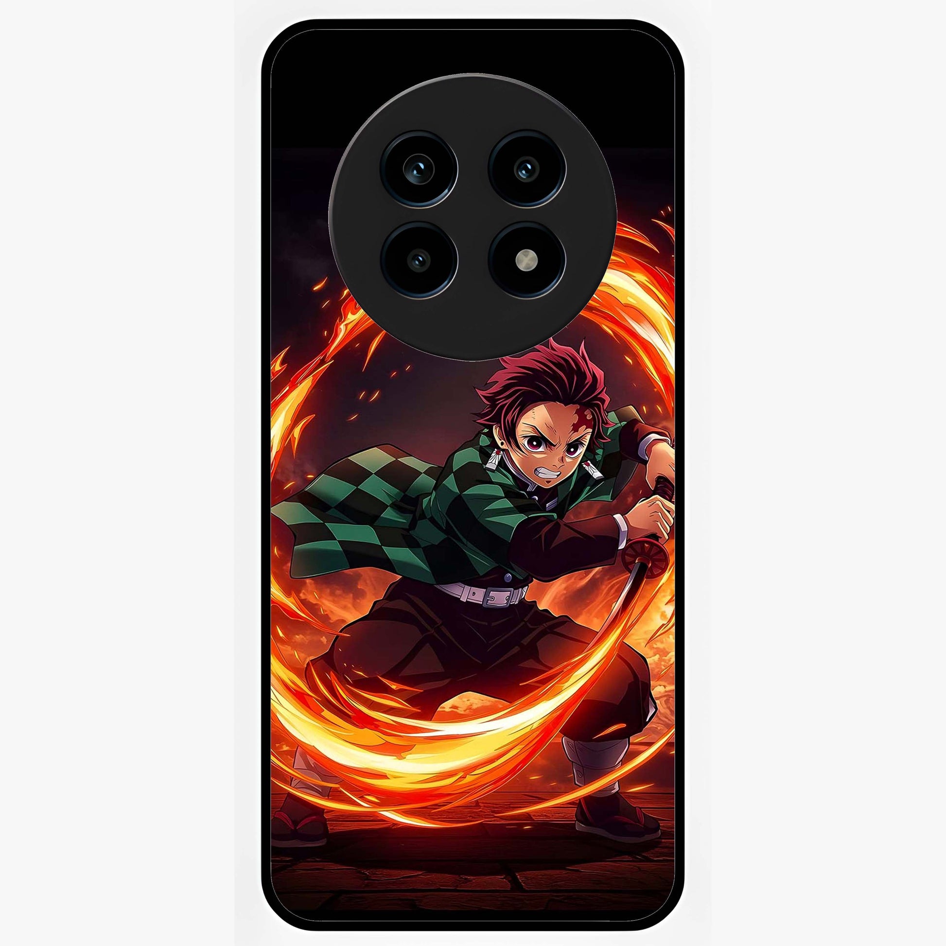 Blazing Sword Resolve Glass Case showing flat back view with fiery sword artwork and glossy glass finish.