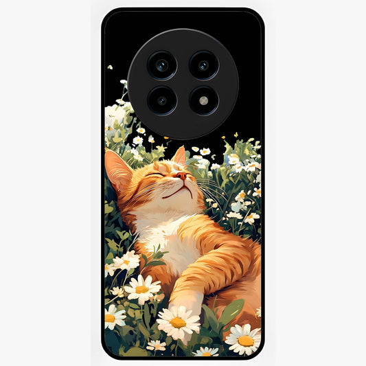 Blissful Bloom Cat Glass Case showing flat back view with cute cat and floral bloom artwork and glossy glass finish.