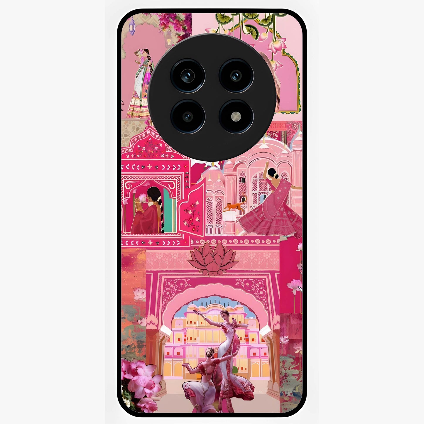 Blossoms of Rajasthan Glass Case showing flat back view with traditional floral artwork inspired by Rajasthan and glossy glass finish.