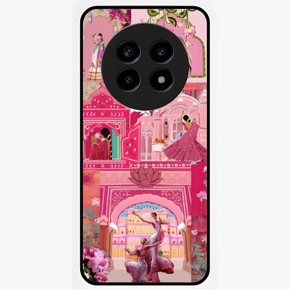 Blossoms of Rajasthan Glass Case showing flat back view with traditional floral artwork inspired by Rajasthan and glossy glass finish.