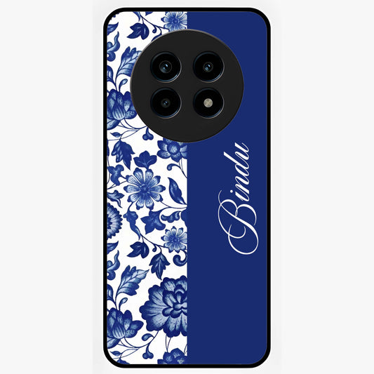 Blue Vintage Floral Pattern Glass Case upright view showcasing timeless floral illustration with vintage inspired style.