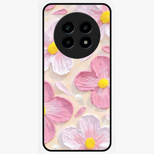 Blush Bloom Texture Glass Case showing flat back view with soft blush floral texture artwork and glossy glass finish.