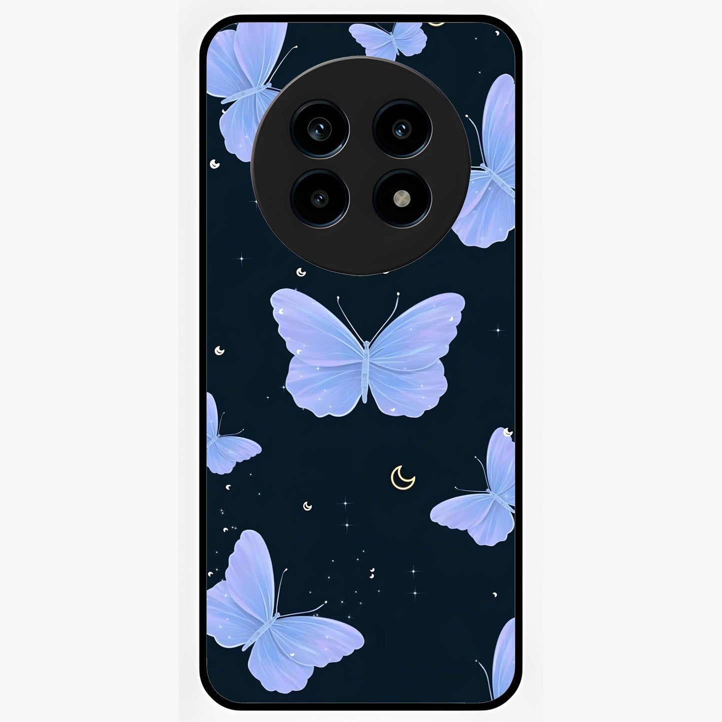 Butterfly With Stars Pattern Glass Case showing flat back view with butterfly and star pattern artwork and glossy glass finish.