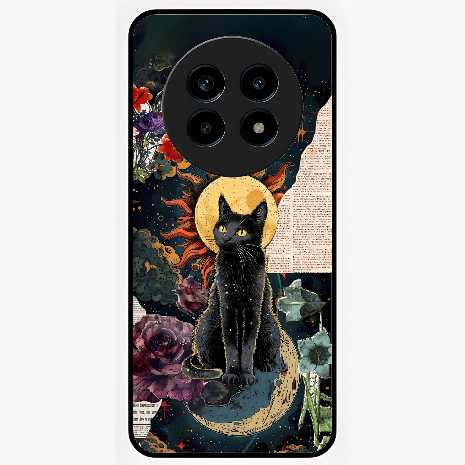 Celestial Black Cat Glass Case showing flat back view with mystical black cat artwork and glossy glass finish.