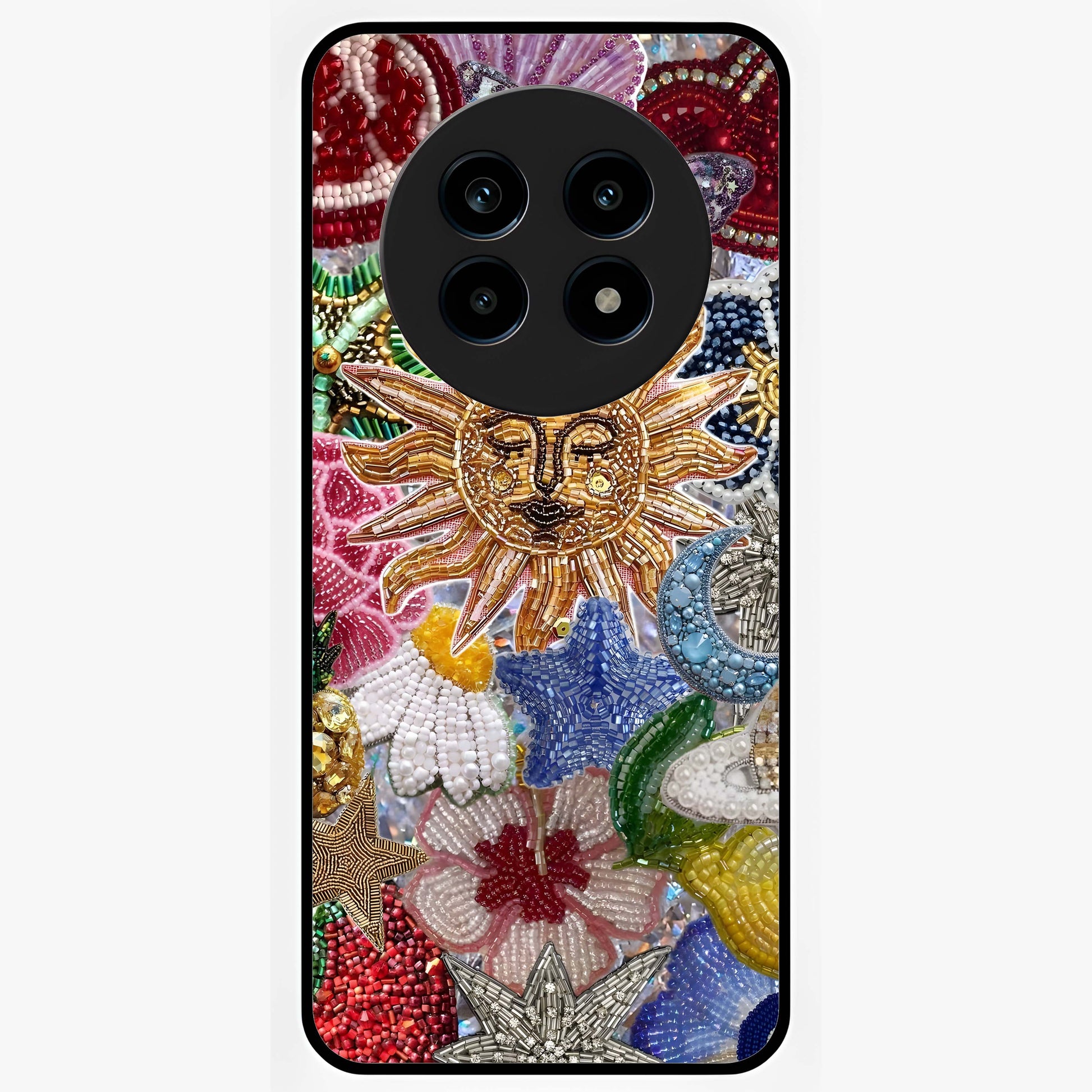 Celestial Floral and Playful Glass Case showing flat back view with floral and celestial themed artwork and glossy glass finish.