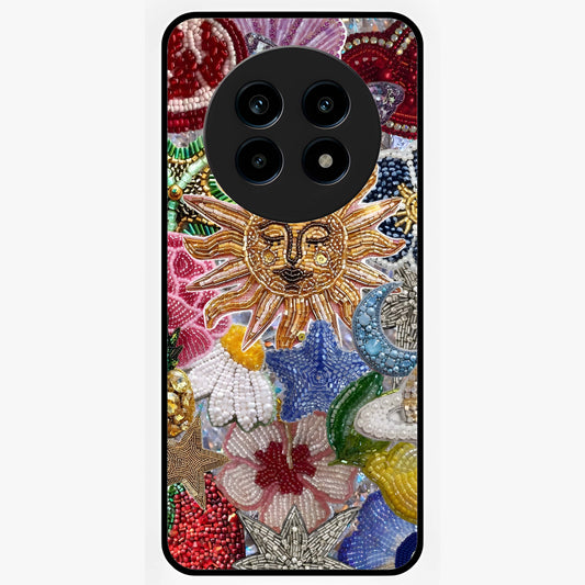 Celestial Floral and Playful Glass Case showing flat back view with floral and celestial themed artwork and glossy glass finish.