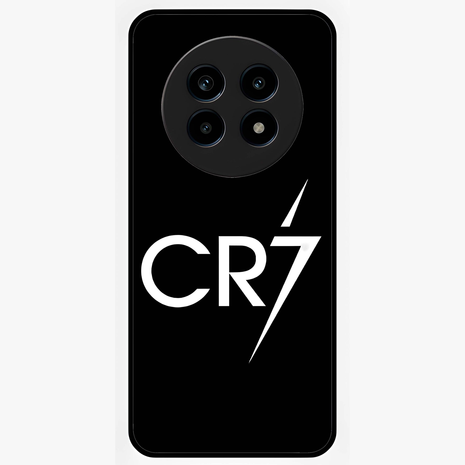 Cr7 Elite Strike Glass Case showing flat back view with dynamic football inspired artwork and glossy glass finish.