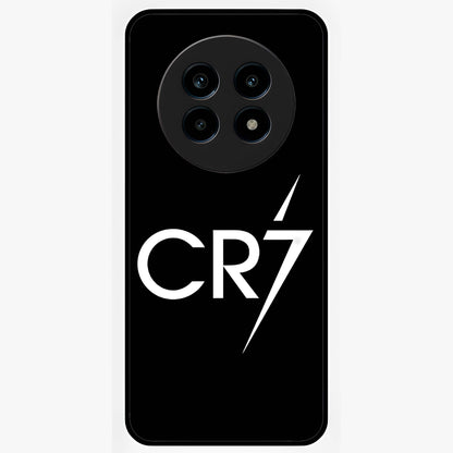 Cr7 Elite Strike Glass Case showing flat back view with dynamic football inspired artwork and glossy glass finish.