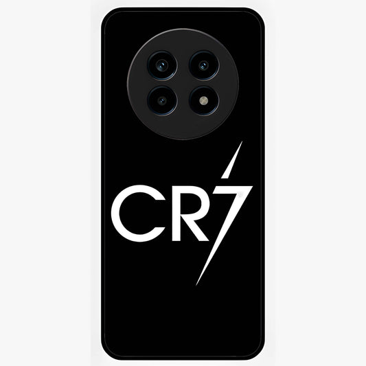 Cr7 Elite Strike Glass Case showing flat back view with dynamic football inspired artwork and glossy glass finish.
