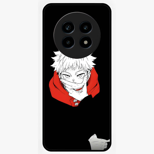 Crimson Chaos Smile Glass Case showing flat back view with bold chaotic smile artwork and glossy glass finish.