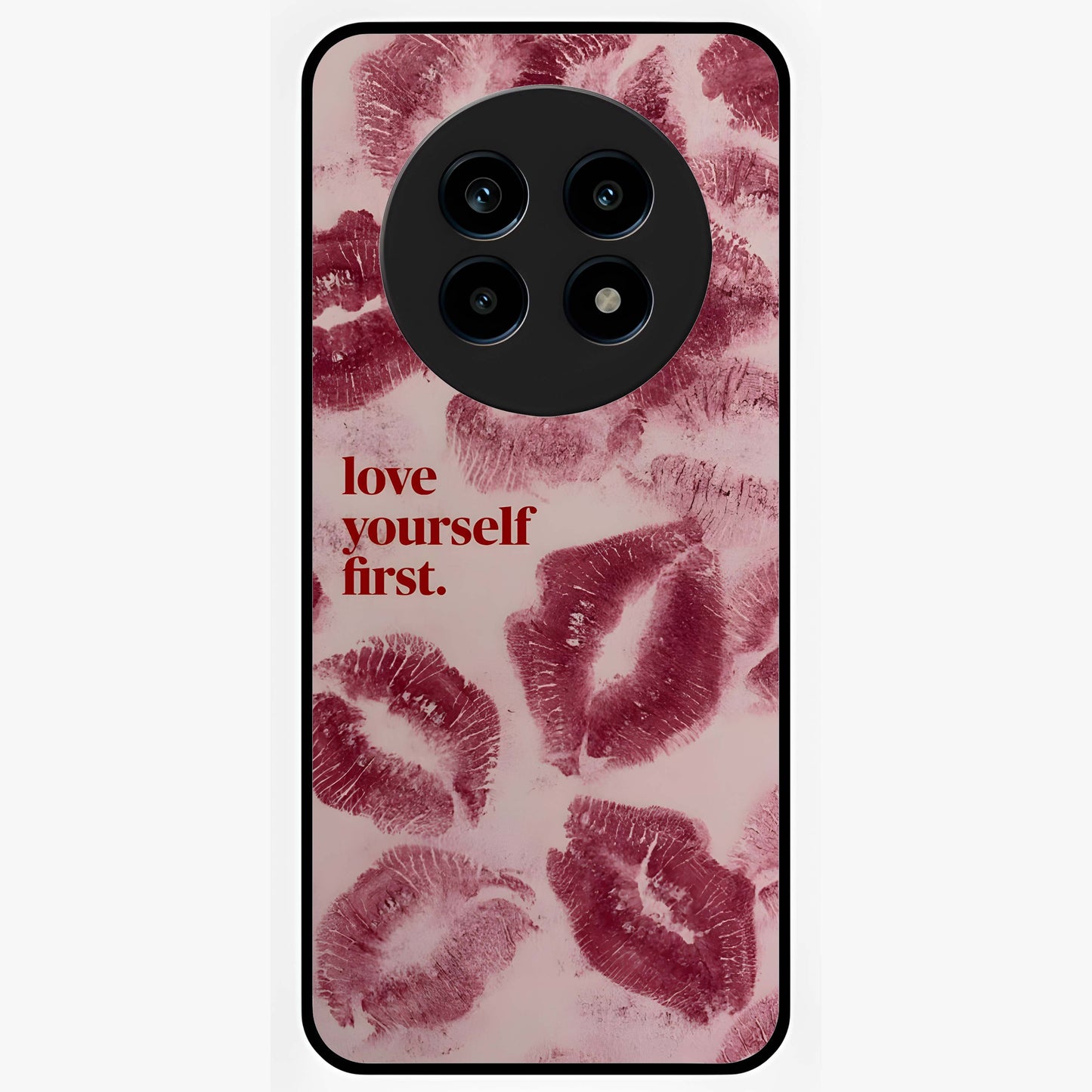 Crimson Kiss Love Glass Case showing flat back view with romantic crimson themed artwork and glossy glass finish.