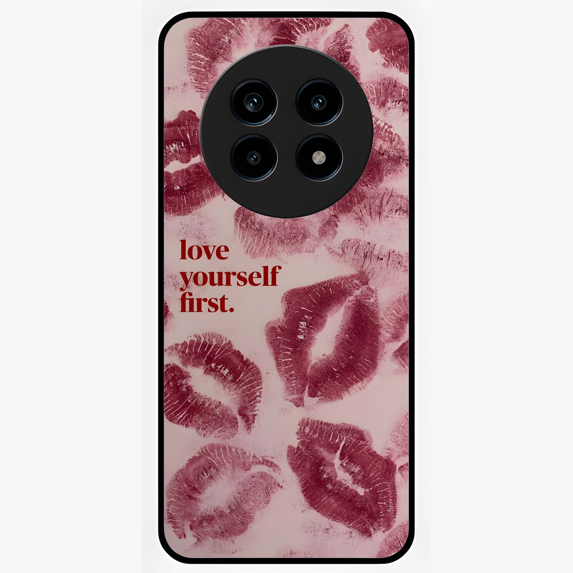 Crimson Kiss Love Glass Case showing flat back view with romantic crimson themed artwork and glossy glass finish.