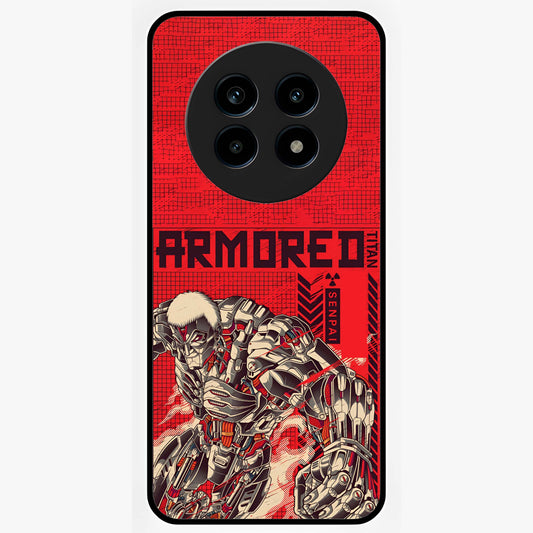 Crimson Mecha Titan Glass Case showing flat back view with powerful mech titan artwork and glossy glass finish.