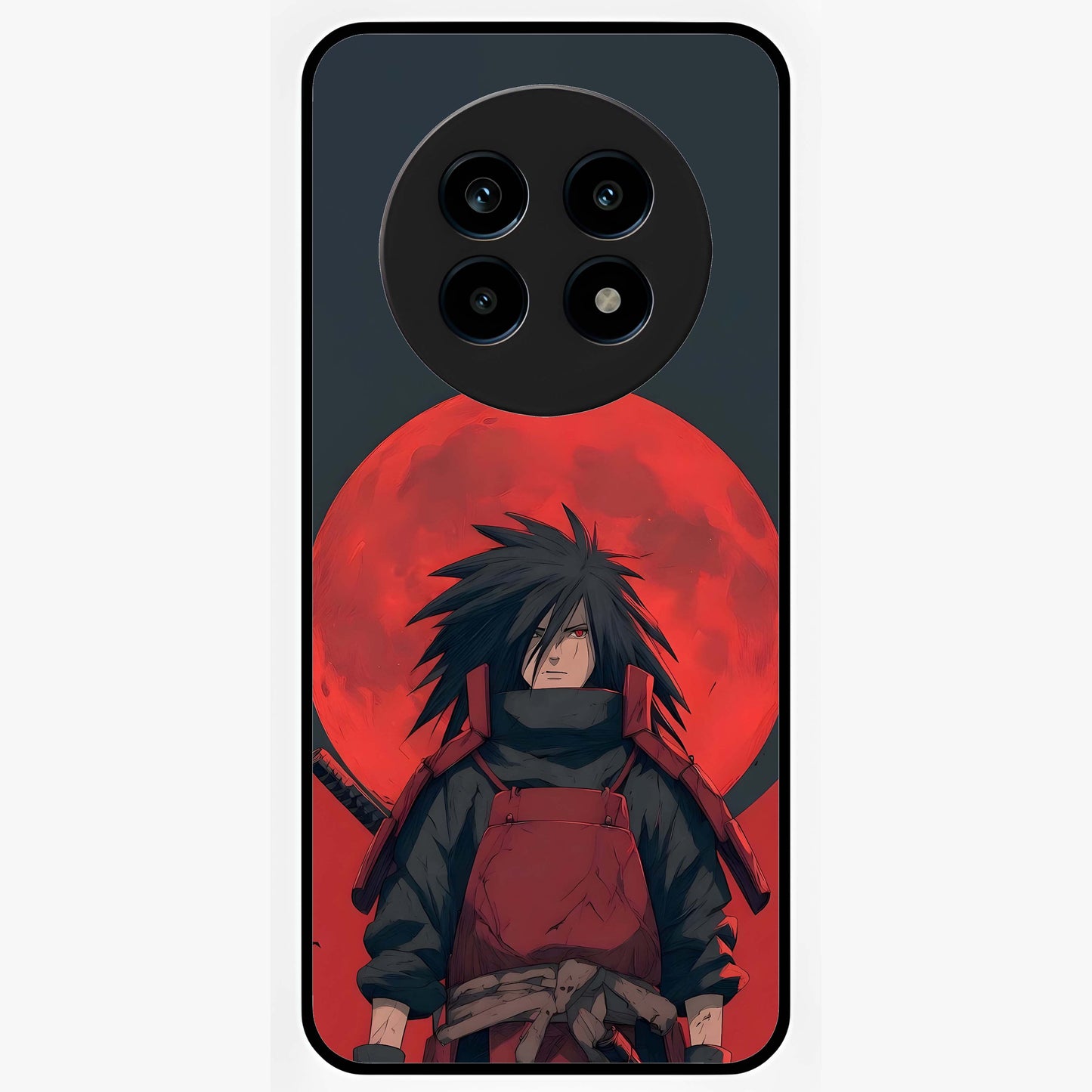 Crimson Moon Warlord Glass Case showing flat back view with mystical moon warrior artwork and glossy glass finish.