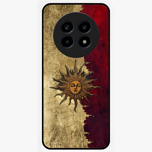 Crimson Sun Majesty Glass Case showing flat back view with radiant sun inspired artwork and glossy glass finish.