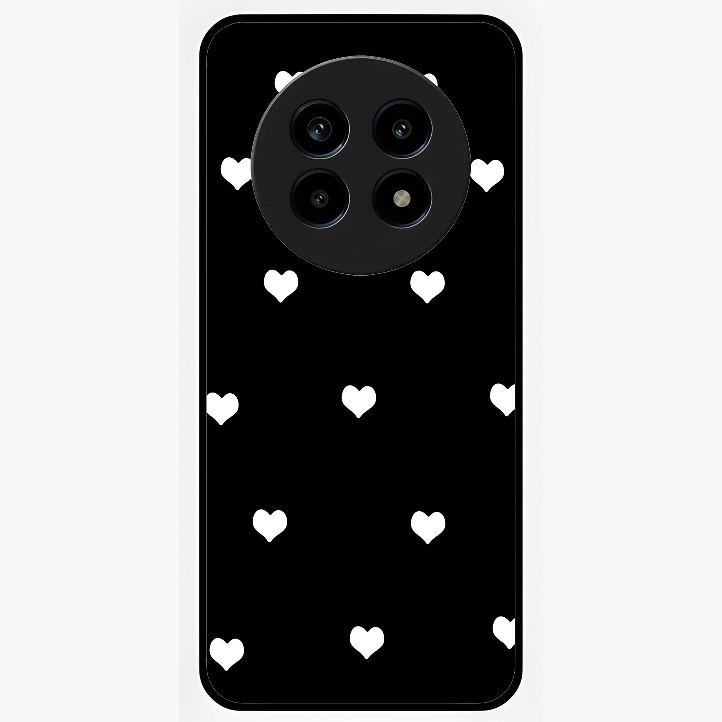 Cute And Simple White Hearts Glass Case showing flat back view with minimal white heart pattern and glossy glass finish.