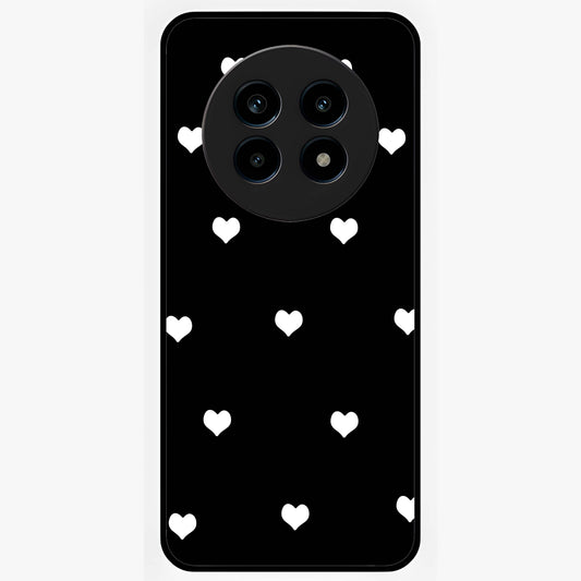Cute And Simple White Hearts Glass Case showing flat back view with minimal white heart pattern and glossy glass finish.