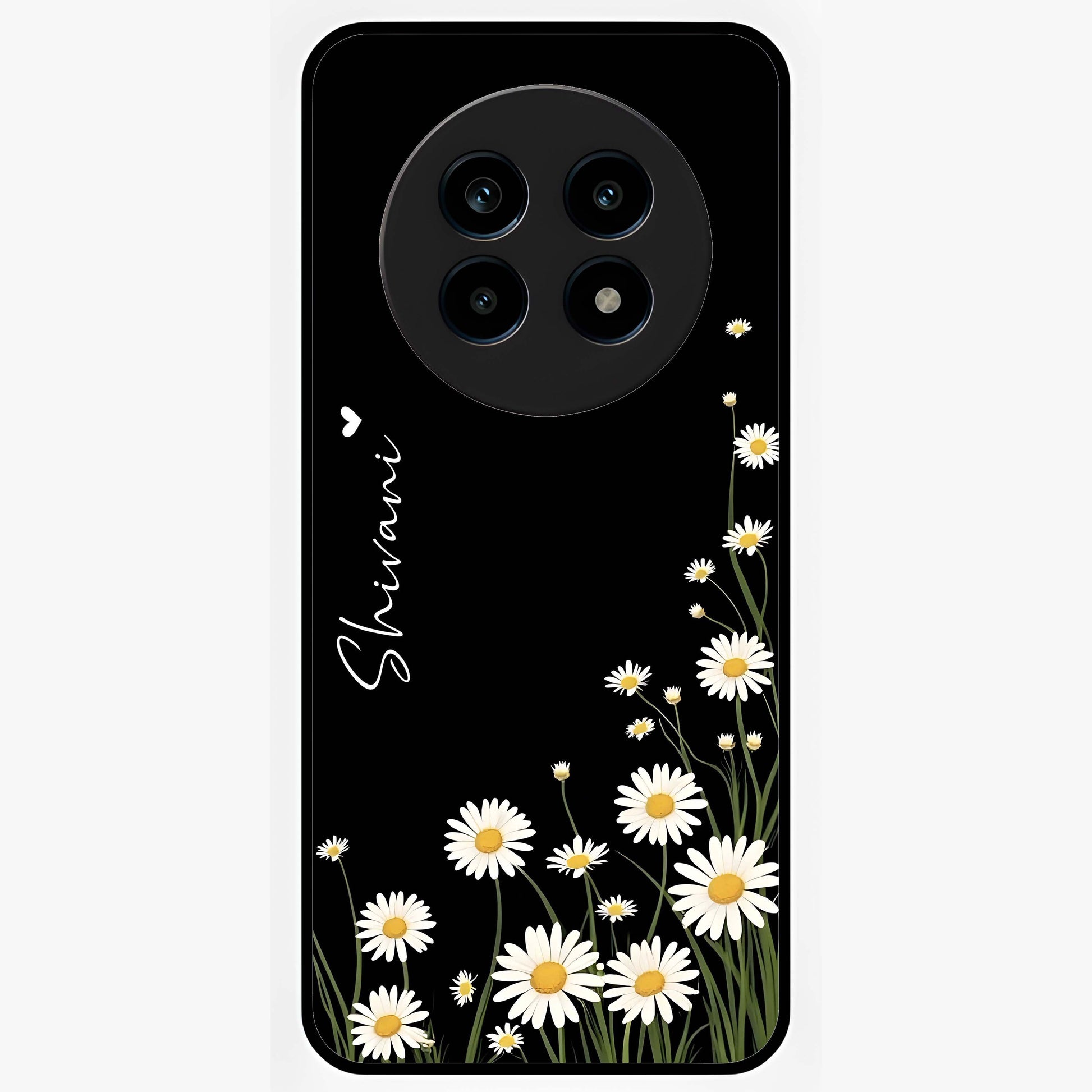 Daisy Cascade Custom Name Glass Case showing flat back view with cascading daisy flowers and personalized name design.