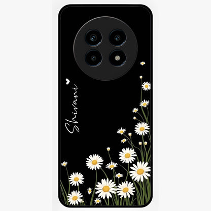 Daisy Cascade Custom Name Glass Case showing flat back view with cascading daisy flowers and personalized name design.